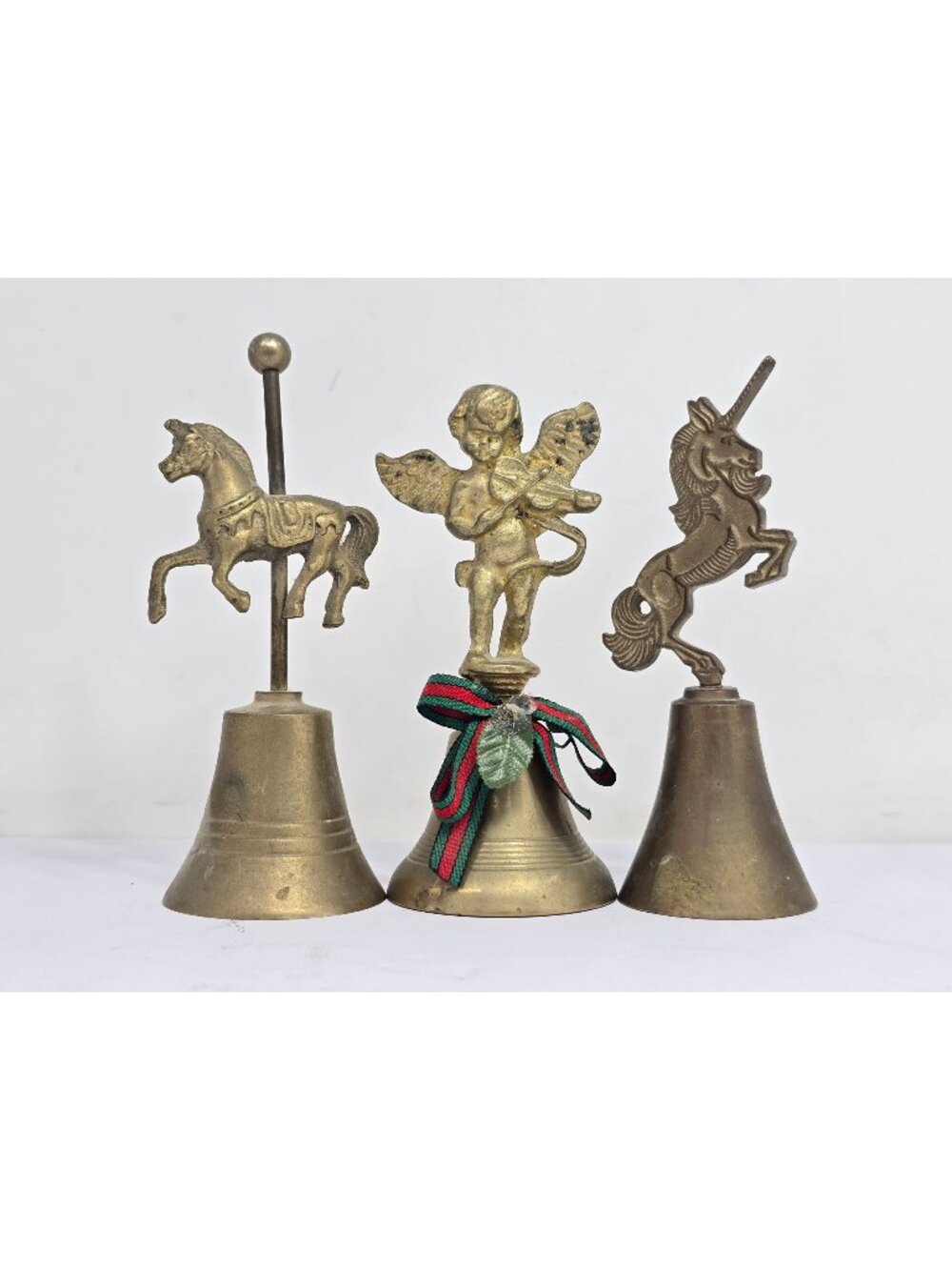 Vintage Brass Bells Set of 3 Angel Horse Unicorn Ornate Decorative Collectibles
